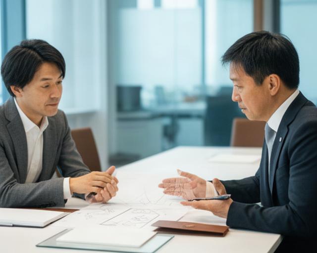 前橋の会議室で講師と経営者が経営メッセージの原稿を確認する個別コーチング風景