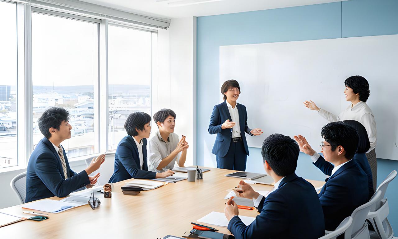 前橋の明るい会議室でホワイトボードを囲み議論する企業チーム