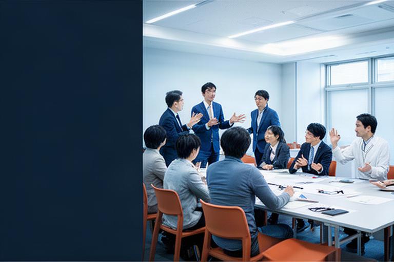 前橋の研修室で管理職が講師の説明を聞きながらチーム演習を行う様子