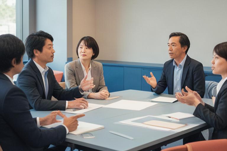 前橋の研修室で多様な管理職が組織課題を話し合う様子