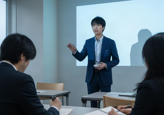 前橋の研修室で若手社員が顧客向けプレゼンテーションを行い講師がメモを取る場面