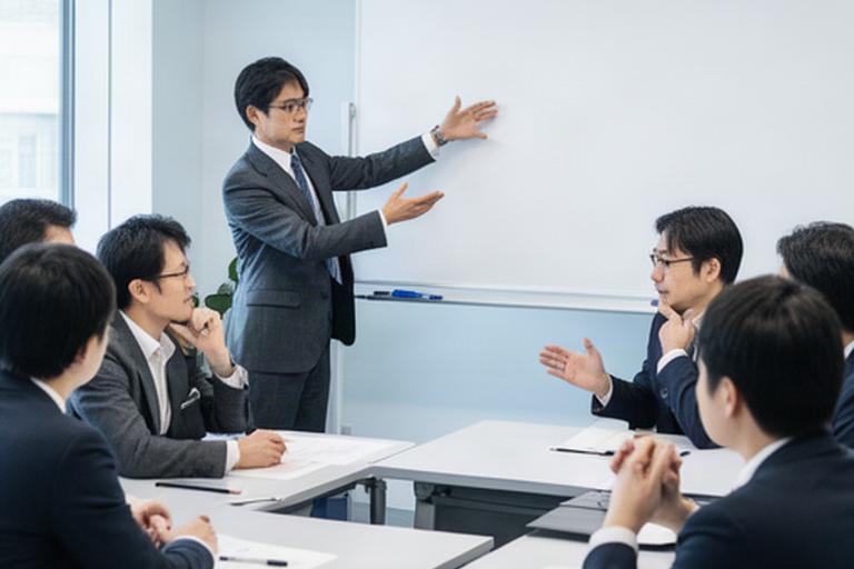 前橋の研修室で講師がホワイトボードを使い管理職へ対話型研修を行う様子
